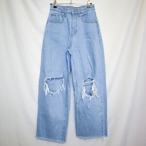 High-waisted light wash distressed denim jeans